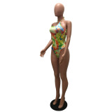 Women's fashion sexy Halter Lace-Up Low Back Print Bodysuit