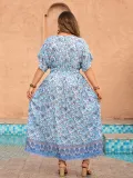 Plus Size Women Printed short-sleeved v-neck maxi dress