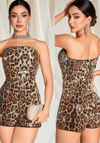 Women's Sequin Sexy Leopard Low Back Strapless Jumpsuit Shorts
