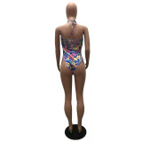 Women's fashion sexy Halter Lace-Up Low Back Print Bodysuit
