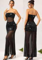 Women's Sexy See-Through Mesh Patchwork Sequin Long Dress