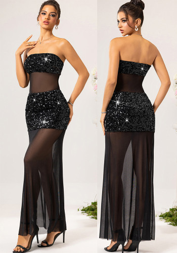 Women's Sexy See-Through Mesh Patchwork Sequin Long Dress