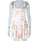 Sexy Sweet Women's Low Back Printed Trendy Strap Slim Waist A-line Short Dress