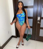 Women's fashion sexy Halter Lace-Up Low Back Print Bodysuit