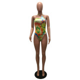 Women's fashion sexy Halter Lace-Up Low Back Print Bodysuit