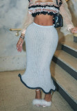 Women Summer Solid Knitting See-Through Wave Edge Bodycon Skirt