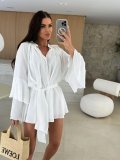 Women Spring Solid V neck irregular lace long sleeve dress