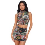 Women Sexy Print Tank Top and Skirt Two Piece Set