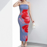 Women Spring elegant floral Strapless print Maxi Dress