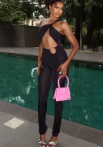 Women Solid Casual Metal Ring Pleated Hollow Asymmetric Jumpsuit