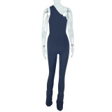 Women Solid Casual Metal Ring Pleated Hollow Asymmetric Jumpsuit