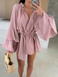 Women Spring Solid V neck irregular lace long sleeve dress