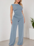 Women Casual Round Neck sleeveless Top and trousers Two Piece Set