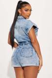 Women Stretch Short Sleeve Washed Denim Jumpsuit