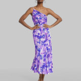 Women Slash Shoulder suspender fishtail print dress