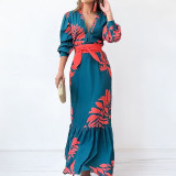 Women button V neck elegant print lace dress