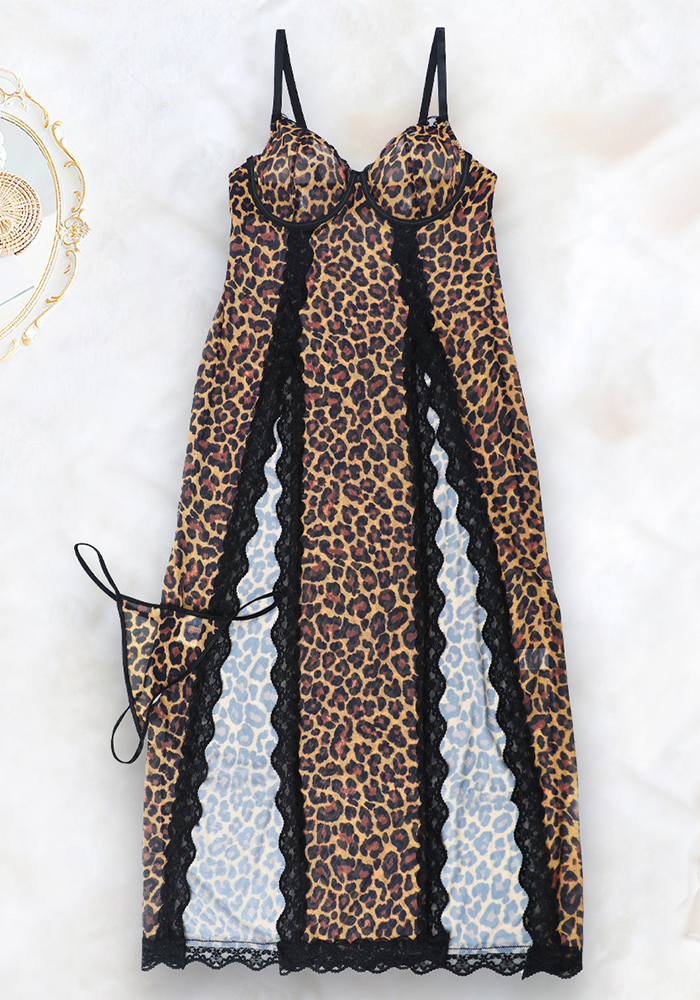 Sexy Flower Lace Hollow See-Through Side Strap Long Suspender Dress