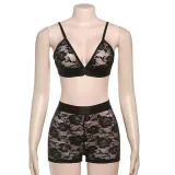 Women Summer V Neck Sexy Mesh See-Through Top and Shorts Sexy Lingerie Two Piece Set