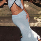 Women Summer Solid Knitting See-Through Wave Edge Bodycon Skirt