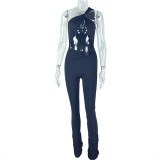 Women Solid Casual Metal Ring Pleated Hollow Asymmetric Jumpsuit