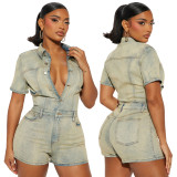 Women Stretch Short Sleeve Washed Denim Jumpsuit