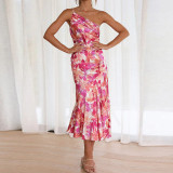 Women Slash Shoulder suspender fishtail print dress
