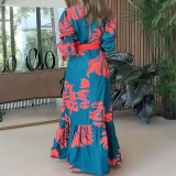 Women button V neck elegant print lace dress