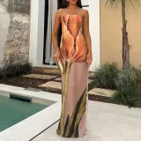 Women Spring sleeveless strapless sexy backless print dress