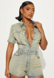 Women Stretch Short Sleeve Washed Denim Jumpsuit