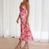 Women Slash Shoulder suspender fishtail print dress