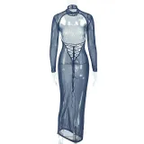 Women Elegant Sexy Backless Stand Collar Long Sleeve Solid Maxi Dress