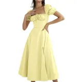 Women Spring and Summer French style puff sleeve lace slit Maxi Dress