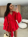 Women Spring Solid V neck irregular lace long sleeve dress
