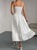 Women Summer Suspender Solid Sleeveless Pleated Irregular Maxi Dress