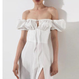 Women Spring and Summer French style puff sleeve lace slit Maxi Dress