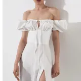 Women Spring and Summer French style puff sleeve lace slit Maxi Dress