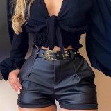 Women Pu Leather Belt Solid Shorts