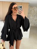 Women Spring Solid V neck irregular lace long sleeve dress