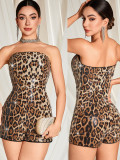 Women's Sequin Sexy Leopard Low Back Strapless Jumpsuit Shorts