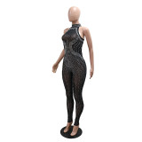 Women Sexy Mesh Beaded See-Through Sleeveless Jumpsuit