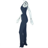 Women Solid Casual Metal Ring Pleated Hollow Asymmetric Jumpsuit