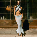 Women Summer Solid Knitting See-Through Wave Edge Bodycon Skirt