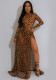 Women Sexy Leopard Print Long Sleeve Slit Dress