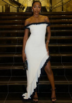 Women Elegant Patchwork Ruffle Irregular Off Shoulder Strapless Maxi Dress