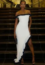 Women Elegant Patchwork Ruffle Irregular Off Shoulder Strapless Maxi Dress