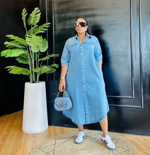 Women Summer Polo Neck Pocket Short Sleeve Denim Dress
