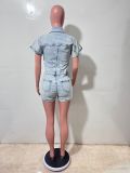 Women Stretch Short Sleeve Washed Denim Jumpsuit