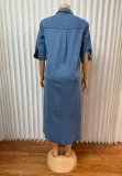 Women Summer Polo Neck Pocket Short Sleeve Denim Dress