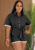 Women Summer Casual Lace Turndown Collar Lace Romper