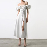 Women Spring and Summer French style puff sleeve lace slit Maxi Dress